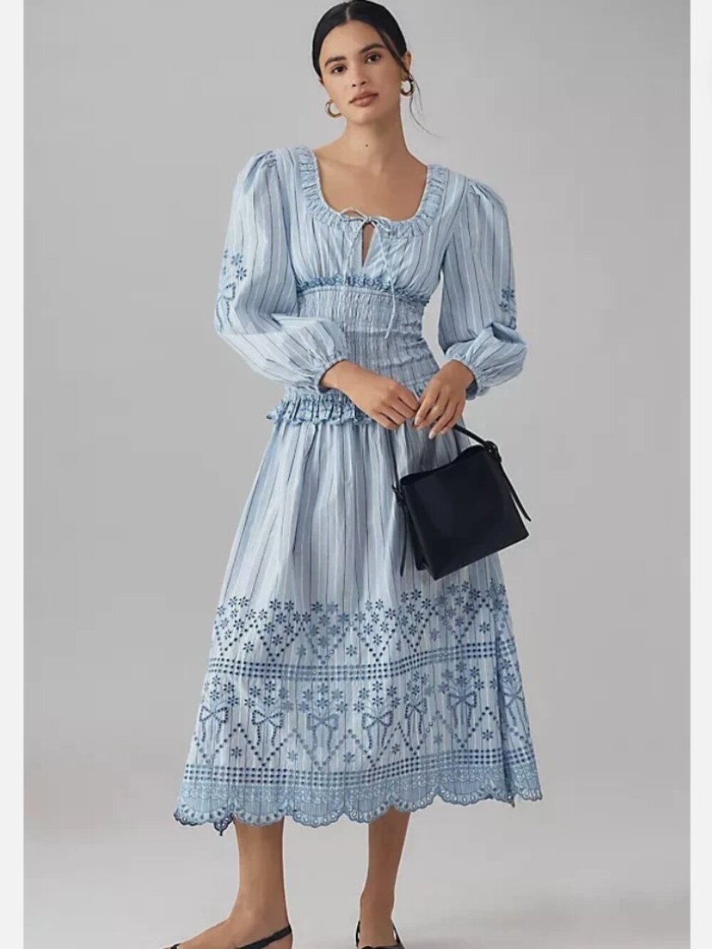Damson Madder Anthropologie Nola Shirred Midi Dress Blue Pinstripe Eyelet US 10